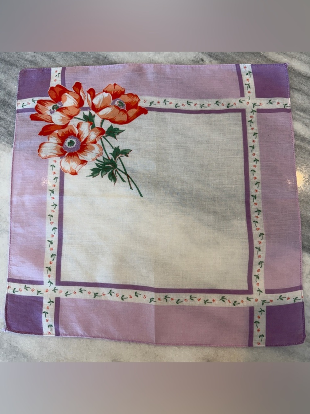 Purple Gingham Flower Hankie Handkerchief Vintage 50s 60s Cottagecore Granny